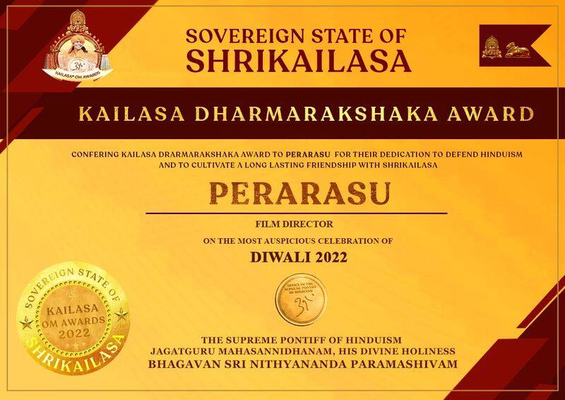 Nityananda gave 'Kailasa Dharma Ratsaka Award' to director Perarasu 