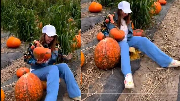 Viral video Beauty sits on pumpkin to posing Photo, what happen next akb Viral video Beauty sits on pumpkin to posing Photo, what happen next akb
