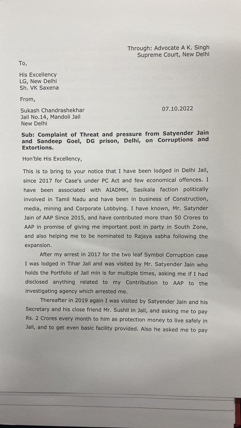 'Paid Rs 10 crore to Satyendar Jain': Decoding conman Sukesh Chandrasekhar letter to Delhi LG AJR