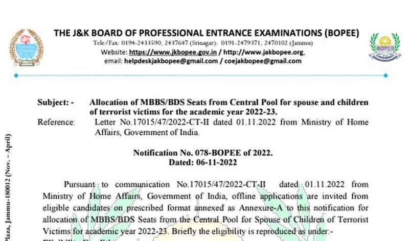 Centre announces 'reserve quota' for terror victims in MBBS, BDS courses in J&K