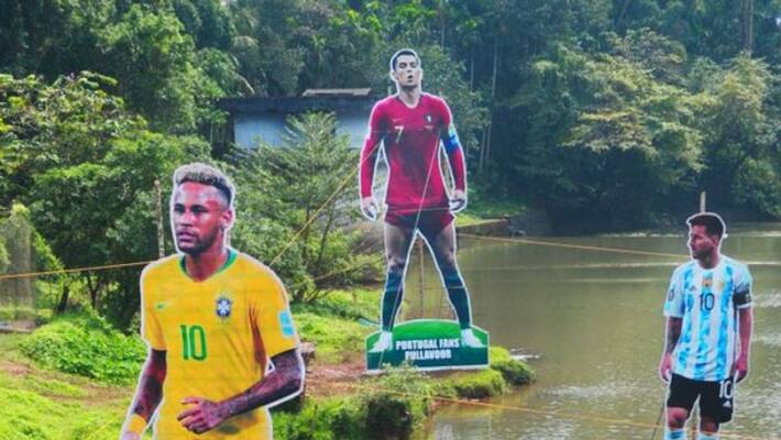 FIFA tweeted cut outs of Lionel messi neymar Cristiano Ronaldo in Pullavoor river FIFA tweeted cut outs of Lionel messi neymar Cristiano Ronaldo in Pullavoor river