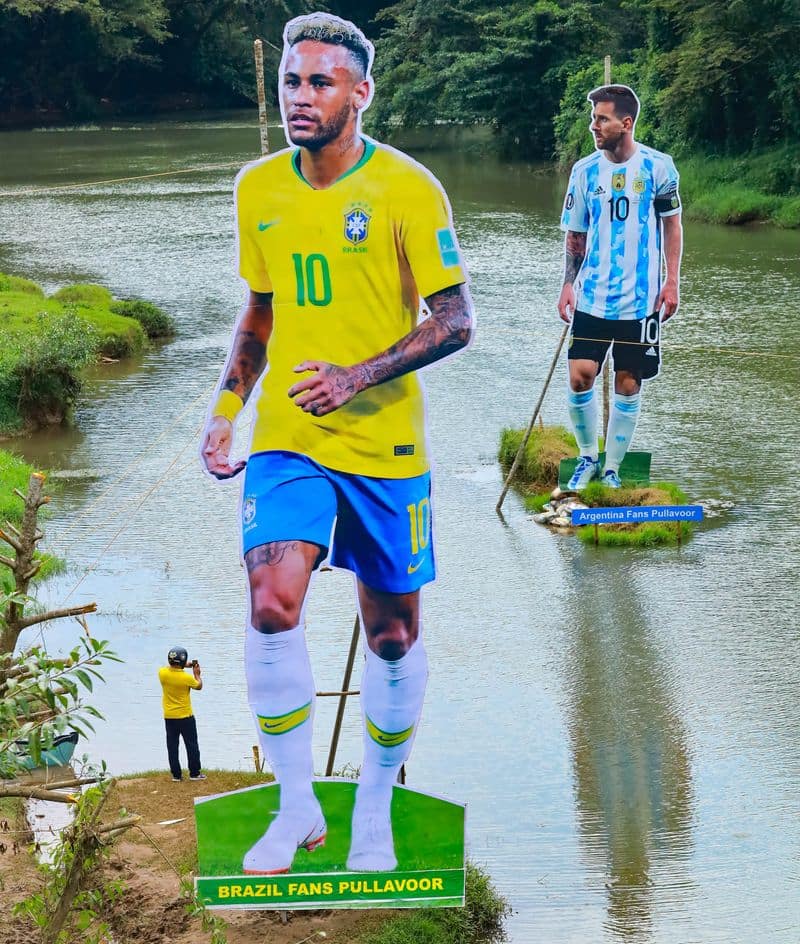 fifa world cup kerala fans celebration with players cut outs and lionel messi cut out broken when carried by fans