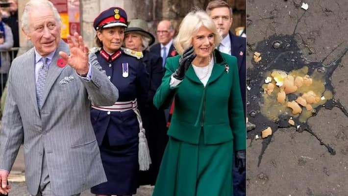 protester throw eggs over king Charles III and Queen Consort camilla when they were in northern city to unveil a statue Queen Elizabeth akb protester throw eggs over king Charles III and Queen Consort camilla when they were in northern city to unveil a statue Queen Elizabeth akb