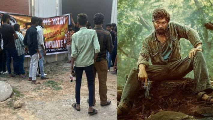 allu arjun fans demanding for pushpa 2 update protest at geetha arts allu arjun fans demanding for pushpa 2 update protest at geetha arts
