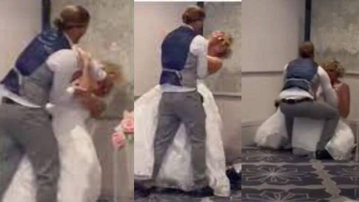 Groom smashes wedding cake on brides face in viral video Groom smashes wedding cake on brides face in viral video