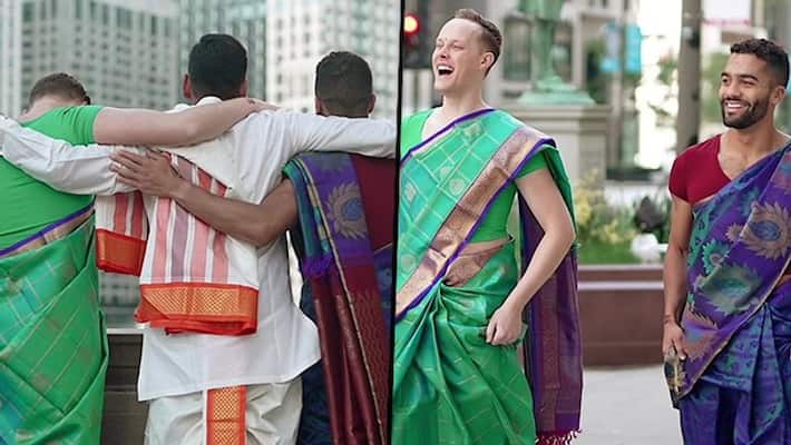 Male friends surprise Indian groom by walking down Chicago street in sarees; check his reaction - adt Male friends surprise Indian groom by walking down Chicago street in sarees; check his reaction - adt
