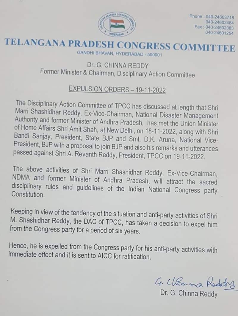 Marri Shashidhar Reddy expelled from Congress party