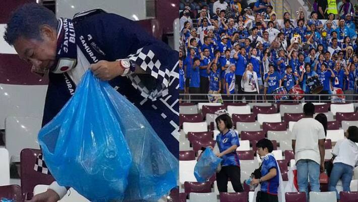 japanese fans cleans the gallery after the win over Germany japanese fans cleans the gallery after the win over Germany