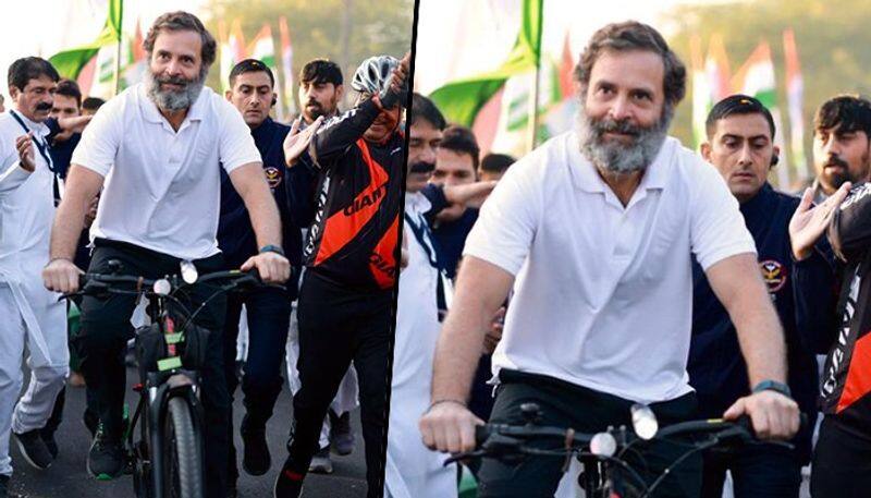 Rahul Gandhi is briefly spotted riding a bicycle as the Bharat Jodo Yatra travels to Ujjain 