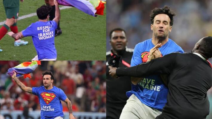 A Protester Who Holds Rainbow Flag Ran onto pitch During Portugal vs Uruguay Match A Protester Who Holds Rainbow Flag Ran onto pitch During Portugal vs Uruguay Match