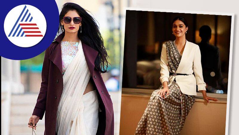 carry overcoat jacket like this with saree in winter