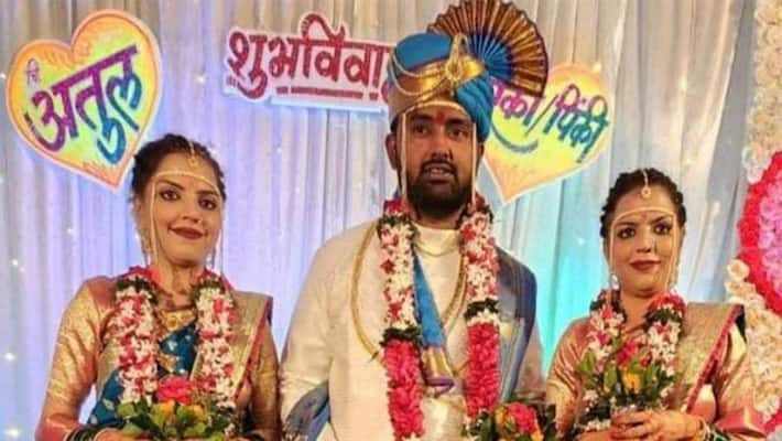 Twin sisters from Maharashtra marry same man in bizarre wedding. Video is viral Twin sisters from Maharashtra marry same man in bizarre wedding. Video is viral