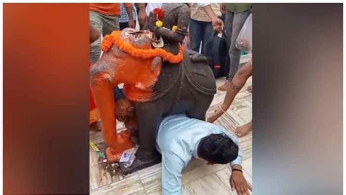 devotee stuck under statue of elephant at gujarat temple devotee stuck under statue of elephant at gujarat temple