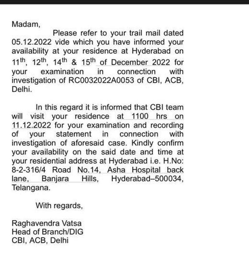 cbi replied to trs mlc kalvakuntla kavitha letter