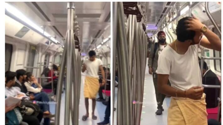 youth enters into delhi metro on towel and white t shirt.. vidoe goes viral youth enters into delhi metro on towel and white t shirt.. vidoe goes viral