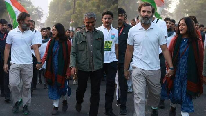 Rahul Gandhi held hands with the wife of former Karnataka minister in Bharat Jodo sat Rahul Gandhi held hands with the wife of former Karnataka minister in Bharat Jodo sat