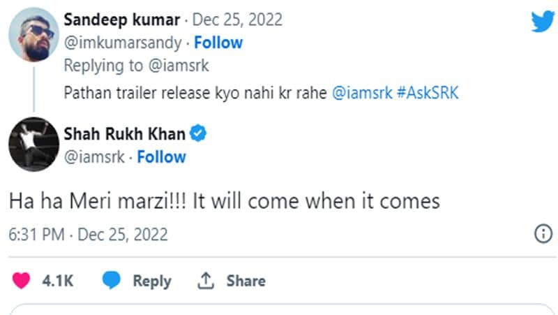 Shah Rukh Khan Gives Witty Reply To A Fan Who Asked Why He Is Not Releasing The Trailer Of Pathan GGA