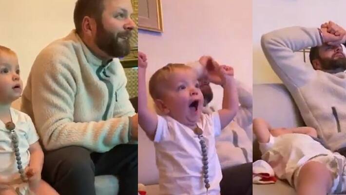 Father son due Watching Football Match in home Little baby imitates his father reaction goes viral akb Father son due Watching Football Match in home Little baby imitates his father reaction goes viral akb
