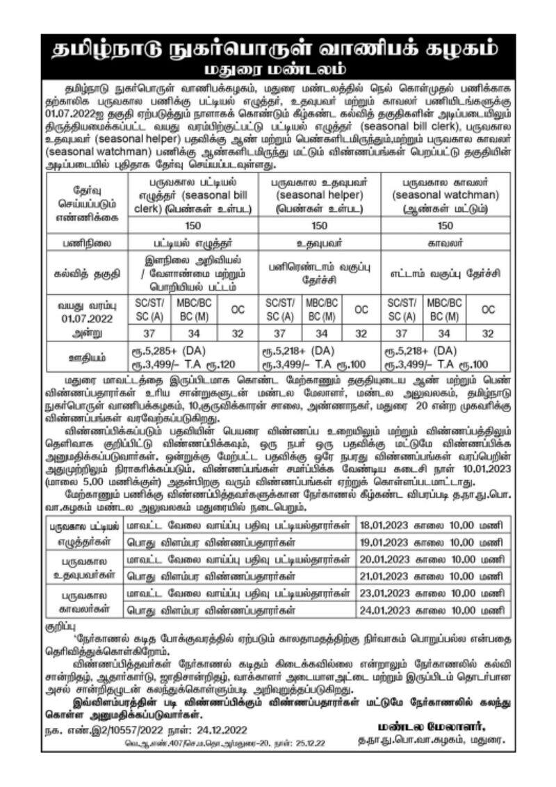 TNCSC Madurai Recruitment 2023 apply online TNCSC Madurai.tn.gov.in