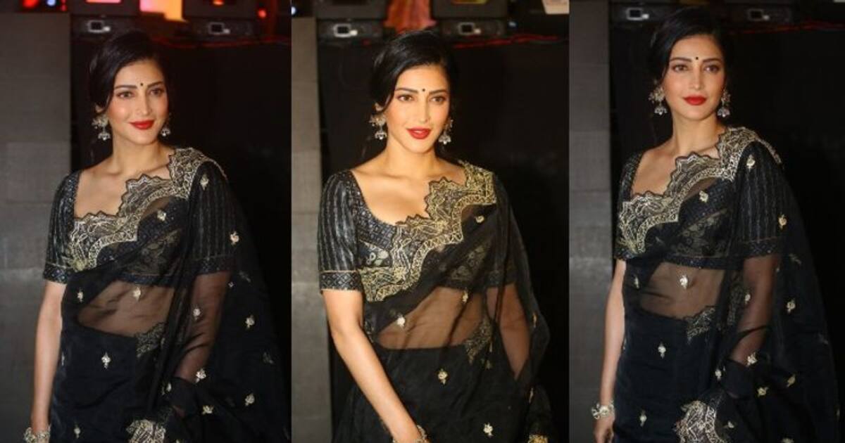 கொசுவலை போன்ற கருப்பு நிற சேலையில்... கவர்ச்சிகரமாக படவிழாவிற்கு வந்த ஸ்ருதிஹாசன்! ஹாட் போட்டோஸ்!