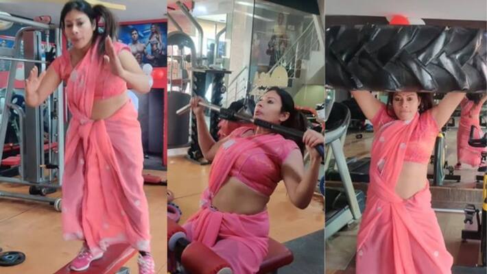 Woman Working Out At Gym In Saree Woman Working Out At Gym In Saree