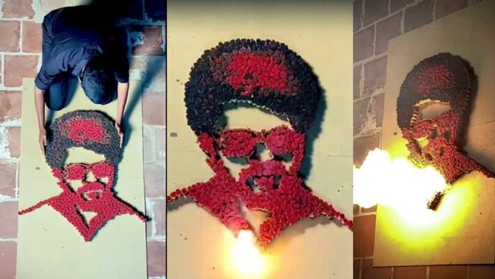 Madurai vijay fan draw vijay face using match stick viral video Madurai vijay fan draw vijay face using match stick viral video
