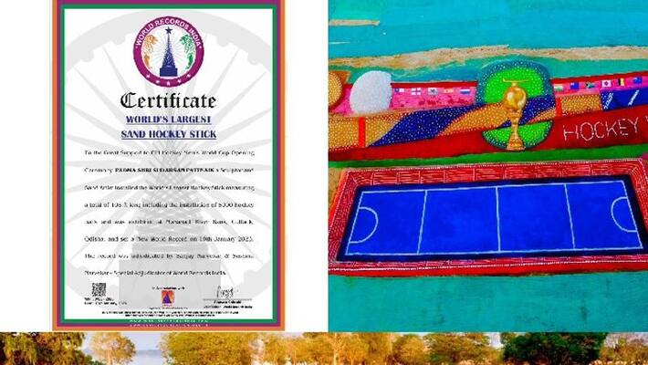 Sudarsan Pattnaik Largest Sand Art Hockey Stick honor World Records India kvn Sudarsan Pattnaik Largest Sand Art Hockey Stick honor World Records India kvn