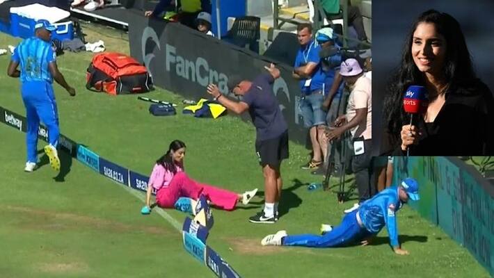 Pakistani Anchor Zainab Abbas goes down near boundary rope when giving Live in SA20 League Pakistani Anchor Zainab Abbas goes down near boundary rope when giving Live in SA20 League