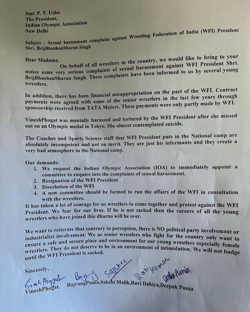 Wrestlers writes complaint to Olympic Association against WFI President Brij Bhushan