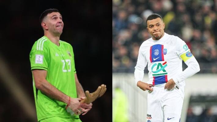 PSG Star Kylian Mbappe imitates Emiliano Martinezs Golden Glove celebration PSG Star Kylian Mbappe imitates Emiliano Martinezs Golden Glove celebration