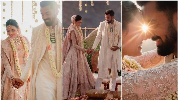 Athiya Shetty and KL Rahul wedding; pink handmade wedding lehenga designed by Anamika Khanna that took 10,000 hours to make sgk Athiya Shetty and KL Rahul wedding; pink handmade wedding lehenga designed by Anamika Khanna that took 10,000 hours to make sgk