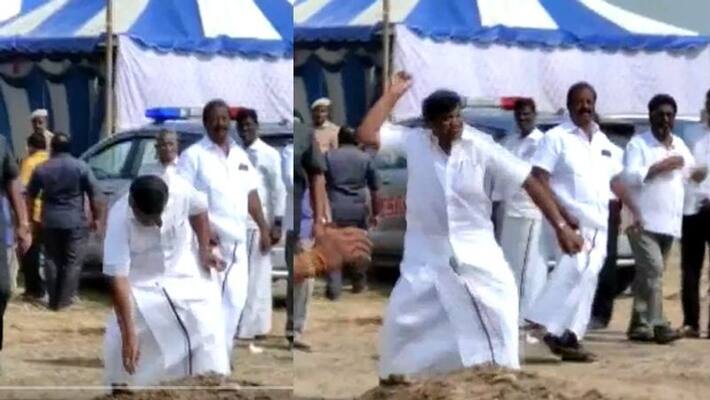 Tamilnadu DMK Minister throwing stone at party workers for not giving chair to him in Tiruvallur video goes viral akb Tamilnadu DMK Minister throwing stone at party workers for not giving chair to him in Tiruvallur video goes viral akb