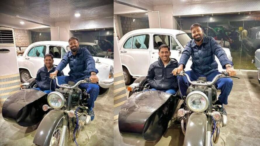 Hardik Pandya and MS Dhoni in Vintage Bike pics goes viral in social media Hardik Pandya and MS Dhoni in Vintage Bike pics goes viral in social media