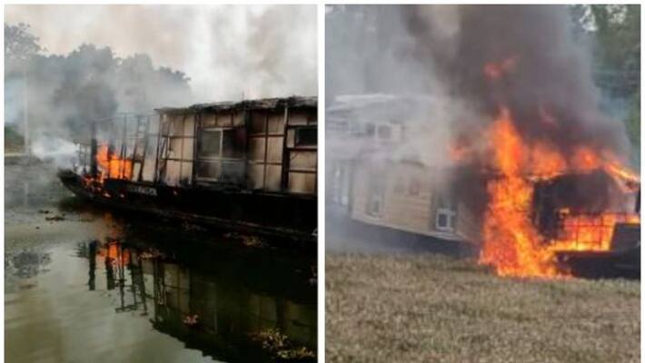 house boat catches fire in kollam house boat catches fire in kollam
