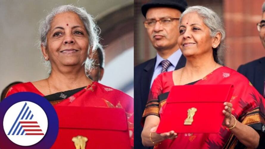 Minister Nirmala Sitharaman wears red saree, red bindi and holds red tab Vin Minister Nirmala Sitharaman wears red saree, red bindi and holds red tab Vin