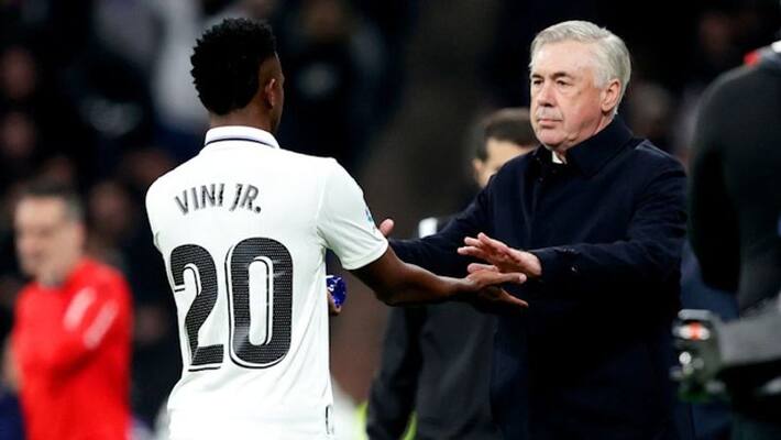 football la liga real madrid vs valencia fans celebrate Ancelotti 150th win applaud Vinicius Jr for 50 goals in 200 games snt football la liga real madrid vs valencia fans celebrate Ancelotti 150th win applaud Vinicius Jr for 50 goals in 200 games snt
