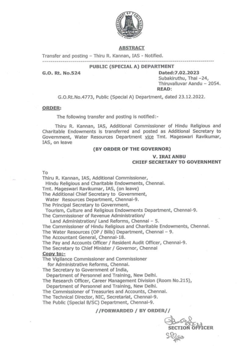 Hindu Religious Endowments Department Additional Commissioner Kannan IAS transfer
