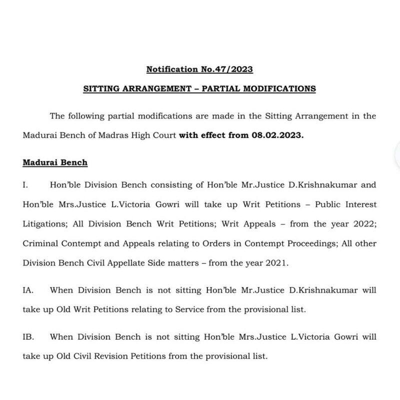 Justice Victoria Gowri will be sitting at Madurai Bench of MHC from tomorrow. 