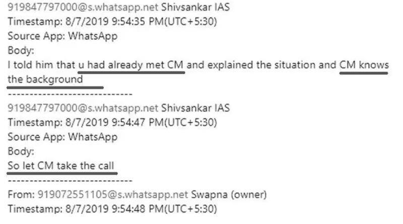WhatsApp conversations between shiv shankar and Swapna Suresh alleges Kerala CM Pinarayi Vijayan's connection  