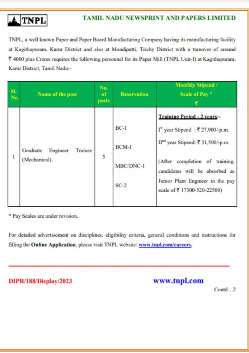 TNPL Recruitment 2023 apply online tnpl.com