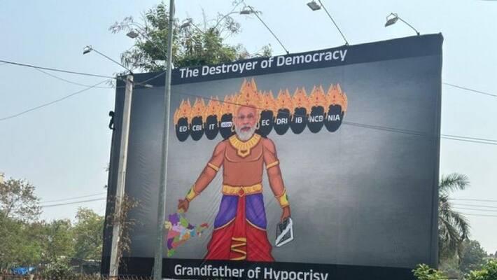 The destroyer of democracy: PM Modi's posters at Ravanasura's get-up in Hyderabad The destroyer of democracy: PM Modi's posters at Ravanasura's get-up in Hyderabad