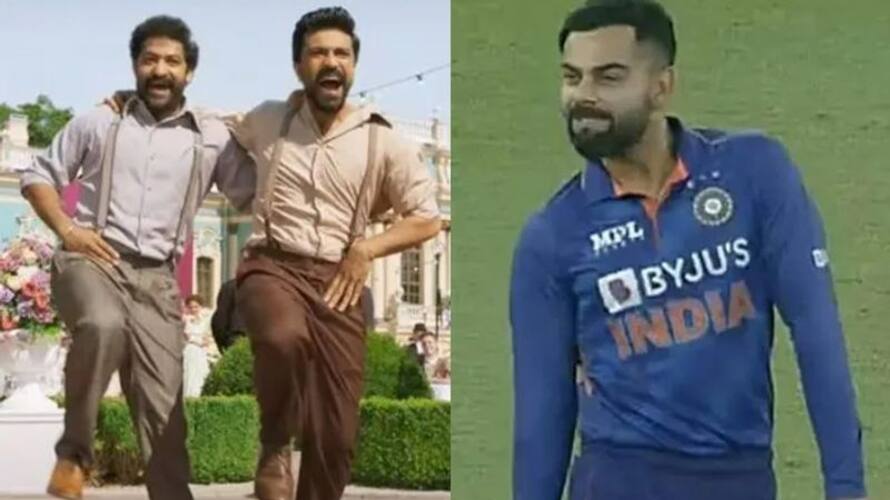 Virat Kohli moves steps for oscar winning Naatu Naatu, RRR Team specially reacts on twitter cra Virat Kohli moves steps for oscar winning Naatu Naatu, RRR Team specially reacts on twitter cra