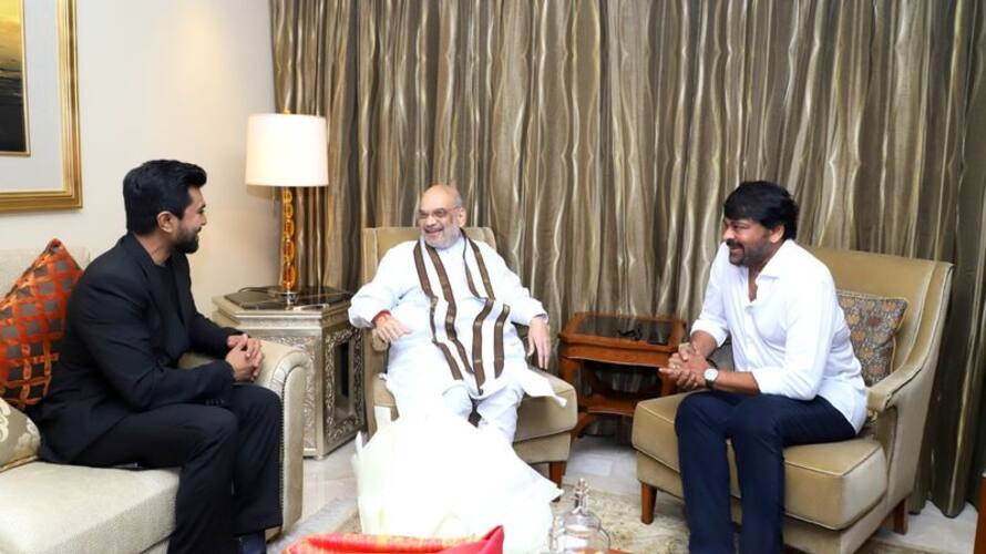 mega star chiranjeevi and ram charan meets union home minister amit shah mega star chiranjeevi and ram charan meets union home minister amit shah