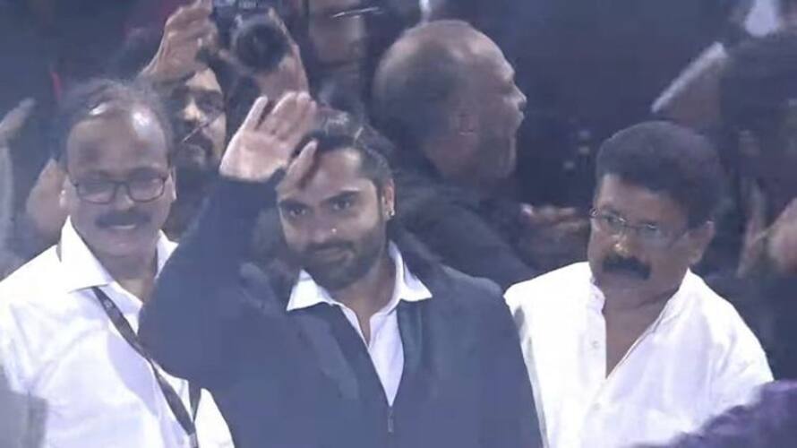 vijay dhanush and kamalhaasan wishes video play in pathu thala audio launch vijay dhanush and kamalhaasan wishes video play in pathu thala audio launch
