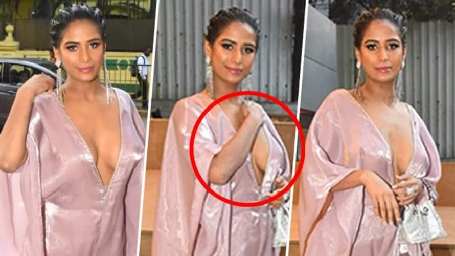 Video And Pictures Poonam Pandey Suffers Oops Moment In Her Cleavage Showing Plunging Neckline 