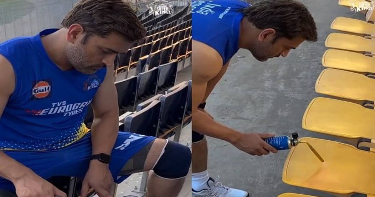 சேப்பாக்கம் மைதானத்தில் ரசிச்சு ரசிச்சு ரசிகர்கள் அமரும் இருக்கைகளுக்கு பெயிண்ட் அடிக்கும்  தோனி!