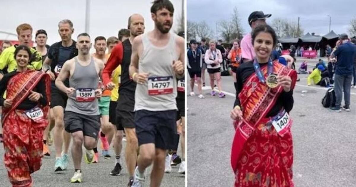 சம்பல்புரி சேலை அணிந்து மாரத்தான் ஓடிய இந்திய பெண்.. சமூக வலைத்தளங்களில் குவியும் பாராட்டுகள்