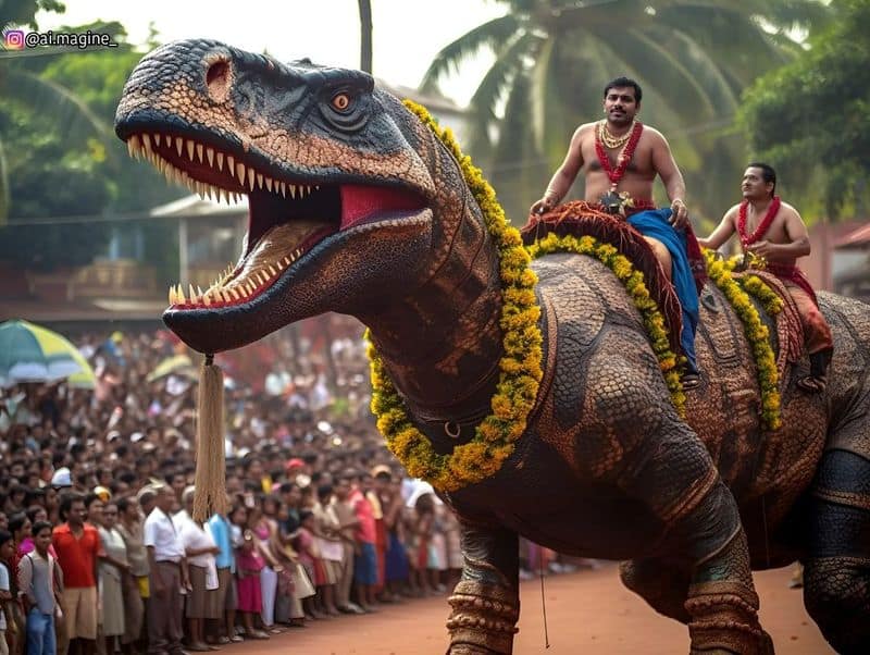 Artist Arjun Sajeev Talks About AI Images Using Tyrannosaurus For Thrissur Pooram bkg