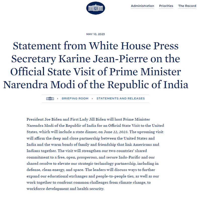 President Biden to host PM Modi for Official State Visit to United States on June 22: White House snt