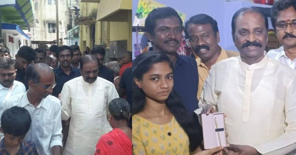 பிளஸ் 2-வில் 600க்கு 600 எடுத்த நந்தினியின் வீட்டுக்கு சர்ப்ரைஸ் விசிட் அடித்து தங்கப்பேனா பரிசளித்த வைரமுத்து